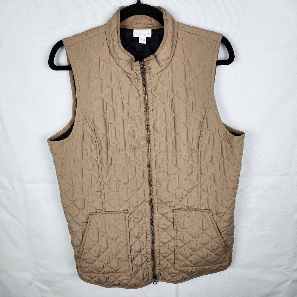 J. Jill Heritage Quilted Vest Tan Khaki Diamond Stitch Zip Up Pockets Medium